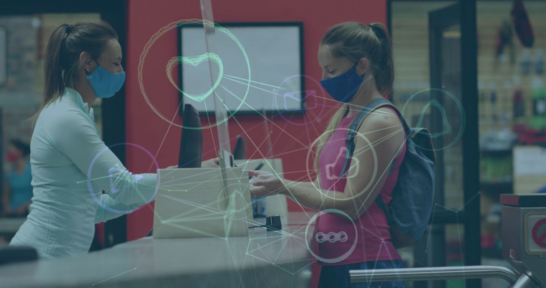 Woman Using Hand Sanitizer with Digital Media Icons Overlay