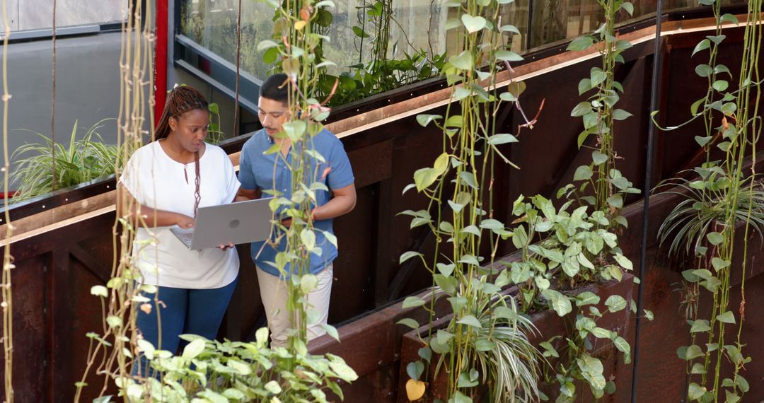 Colleagues Discussing Work in Lush Office Corridor