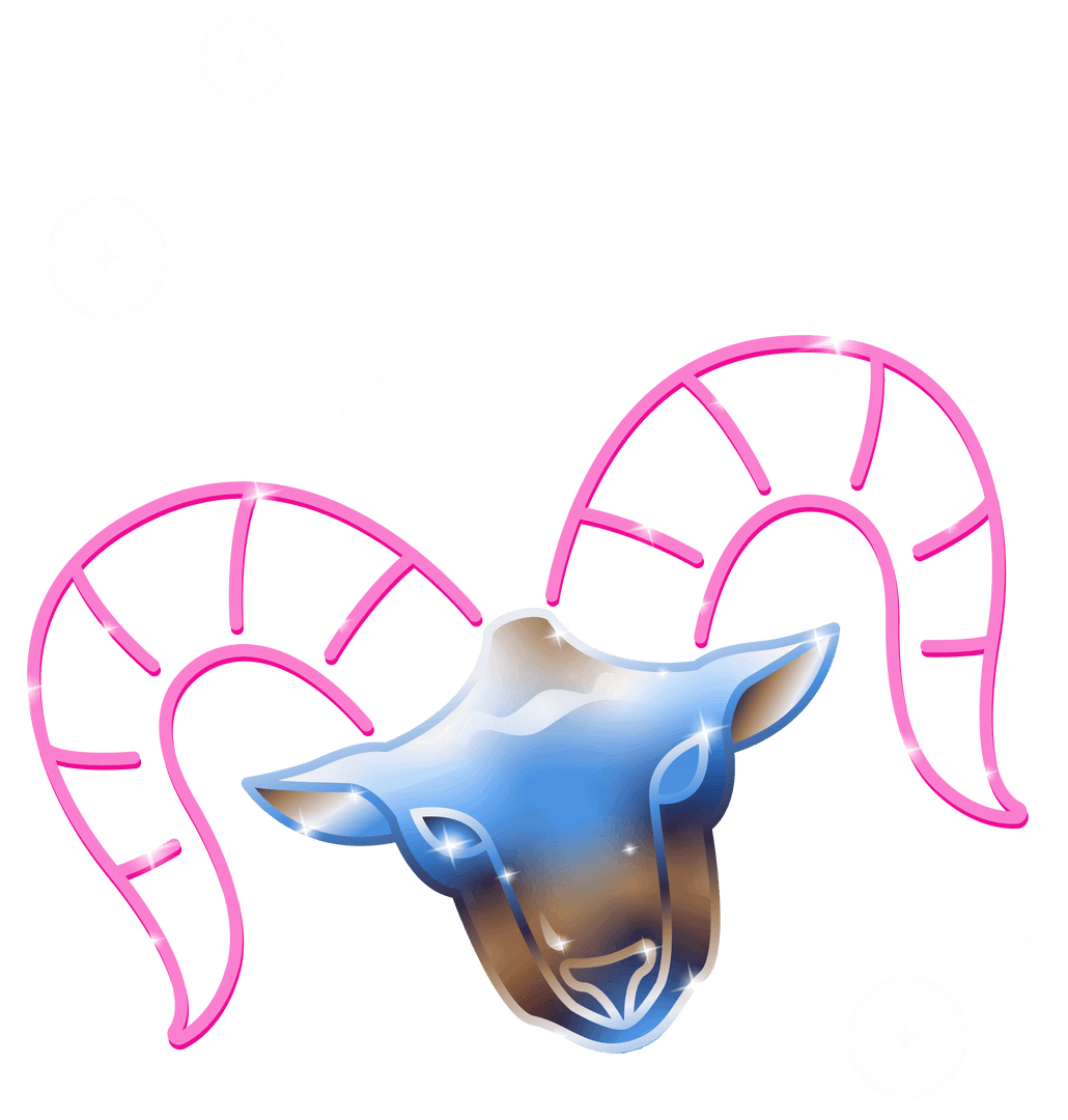 Futuristic Goat Head with Neon Horns and Sparkles on Transparent