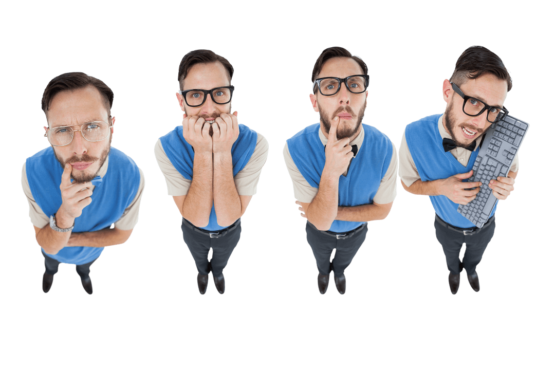 Eccentric Thoughtful Man Various Facial Expressions Isolated on Transparent Background