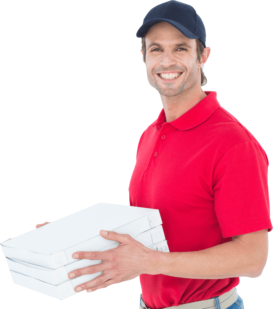 Transparent Image of Cheerful Delivery Person Holding Pizza Boxes