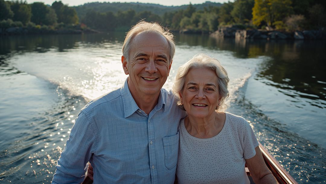 Smiling senior couple enjoying boat ride on calm lake during golden hour sharing affectionate moment