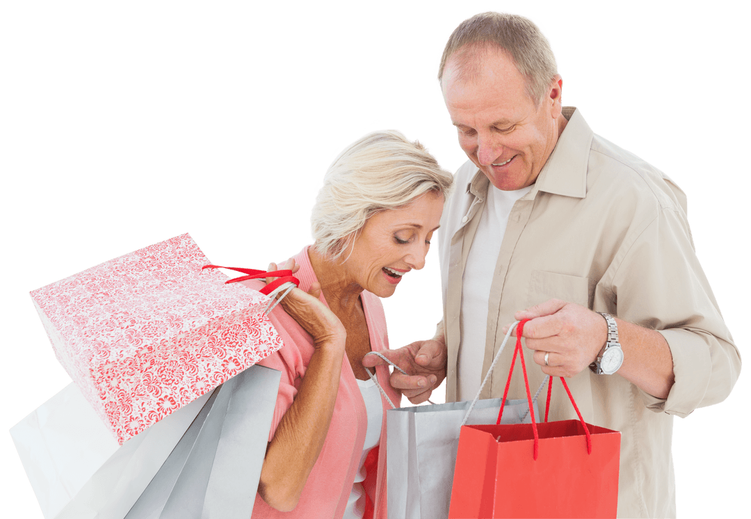 Happy Senior Couple Shopping with Numerous Bags on Transparent Background