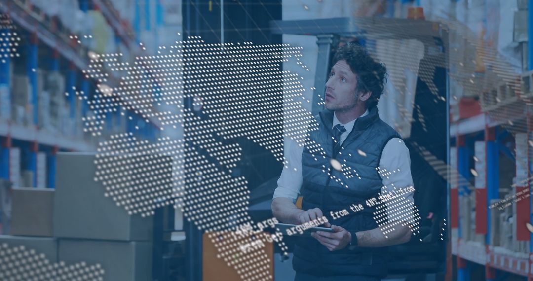 Warehouse Worker Analyzing Digital Mapping Data Interface