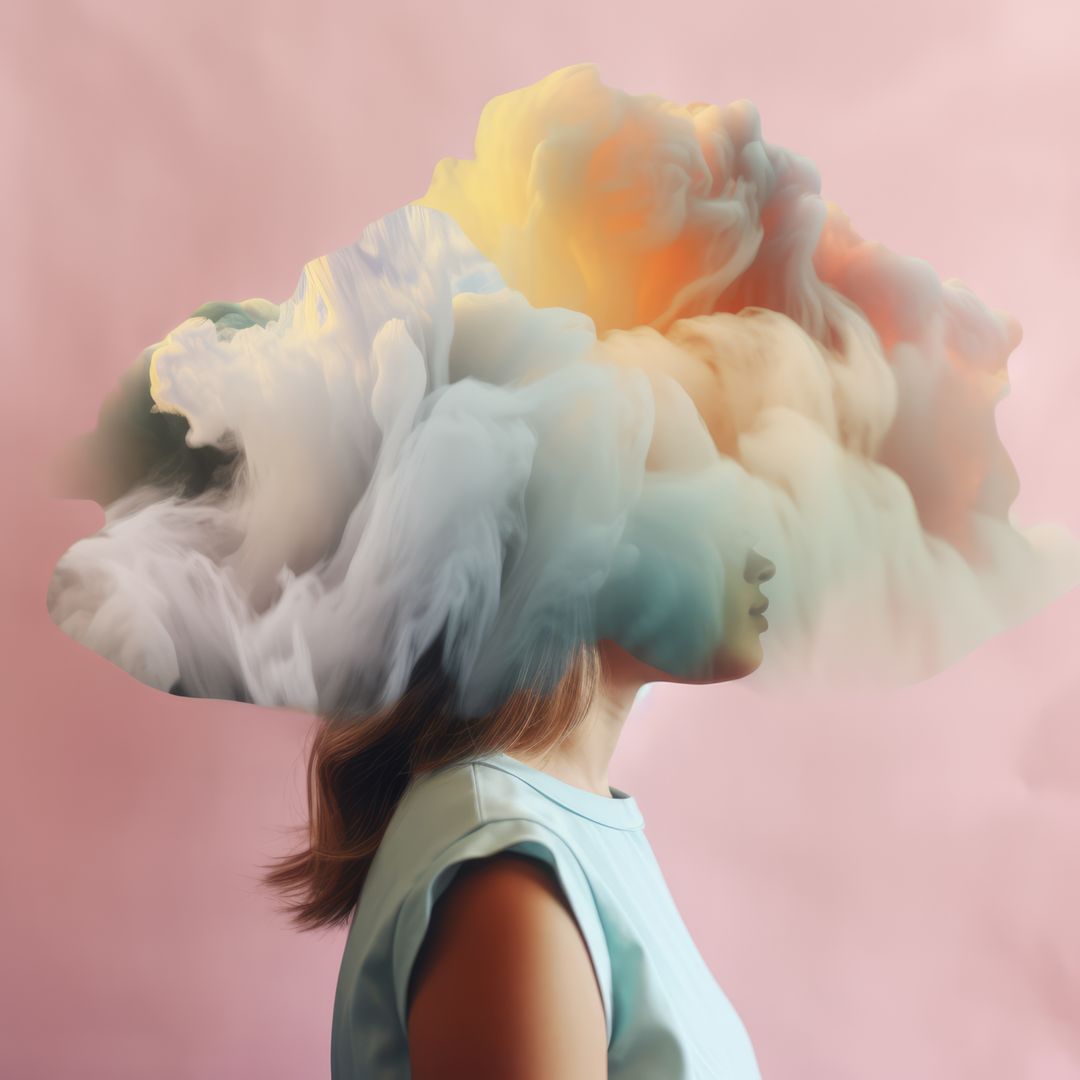 Woman with Colorful Cloud Mind on Pink Background, Conceptual Art - Free Images, Stock Photos and Pictures on Pikwizard.com