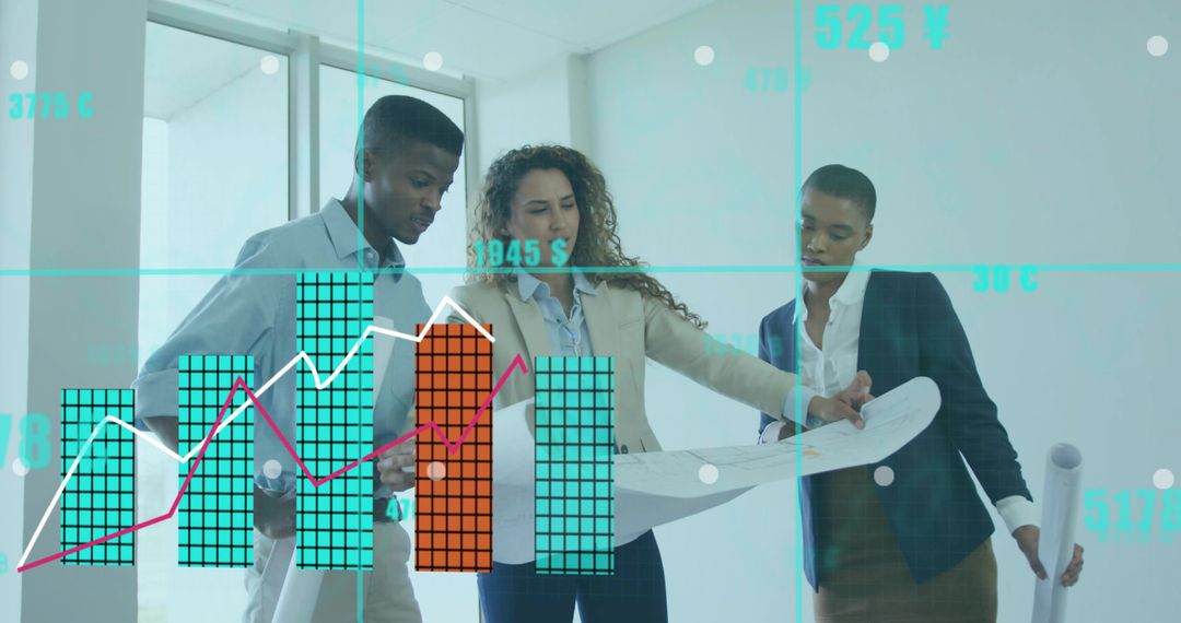 Multiracial team reviewing architectural blueprint with financial charts and data overlay