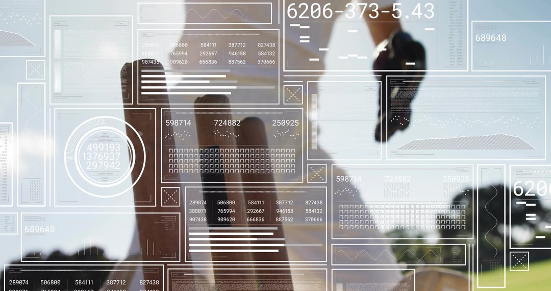 Corporate executive analyzing holographic data panels by window for finance analytics