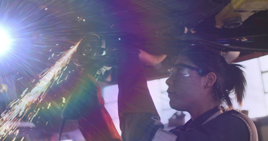 Female Mechanic Welding Under Vehicle with Sparks Flying