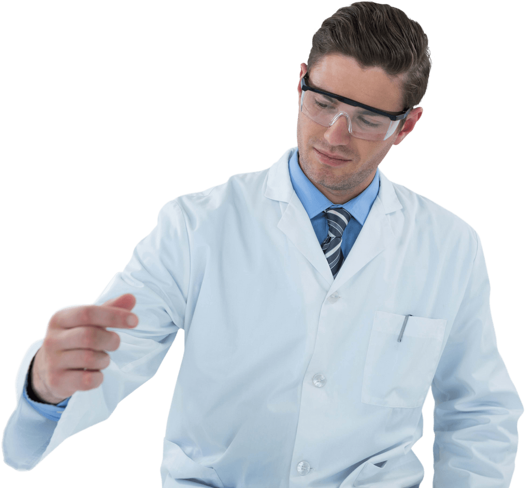 Caucasian Scientist Wearing Protective Glasses on Transparent Background