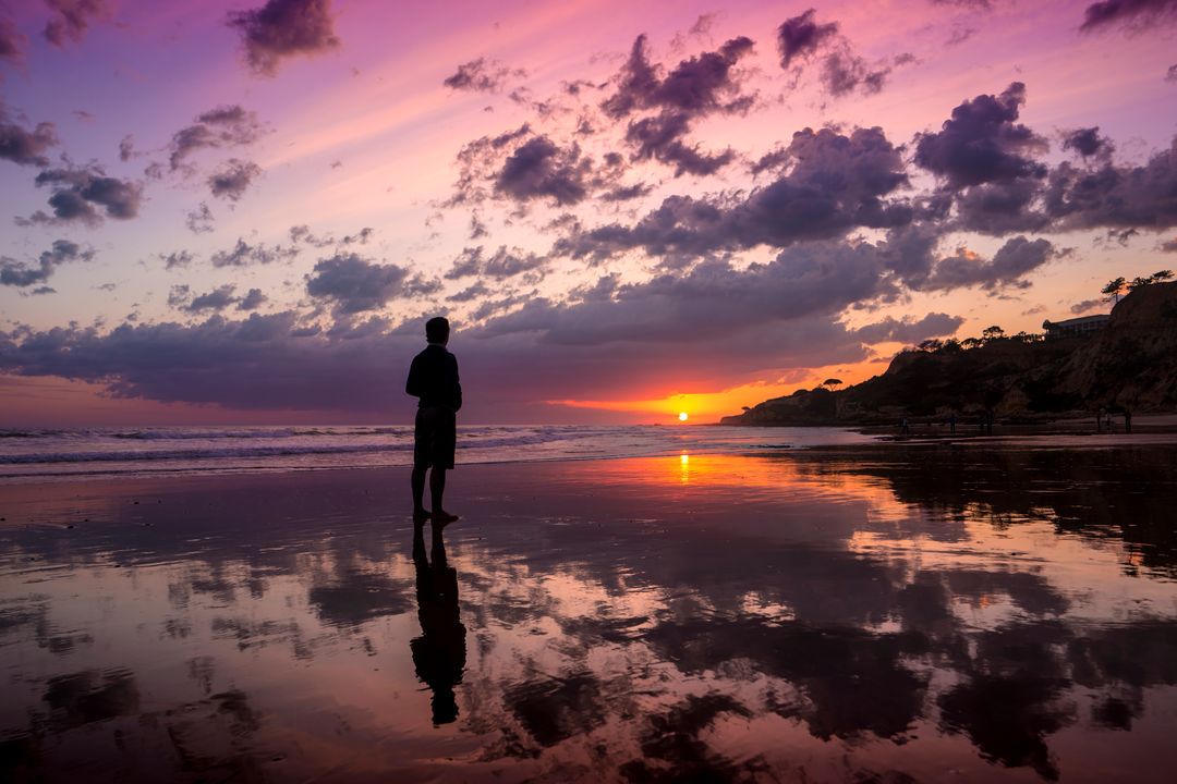 Man Observing Sunset on Reflective Beach Shore - Free Images, Stock Photos and Pictures on Pikwizard.com