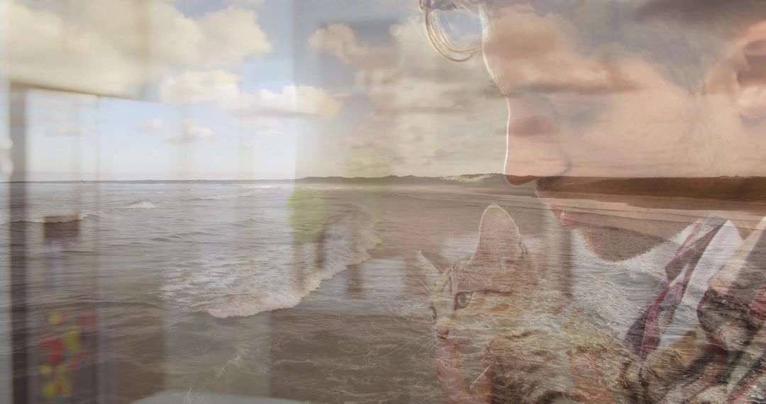 Reflective Cat Companion Overlooks Ocean through Cabin Window