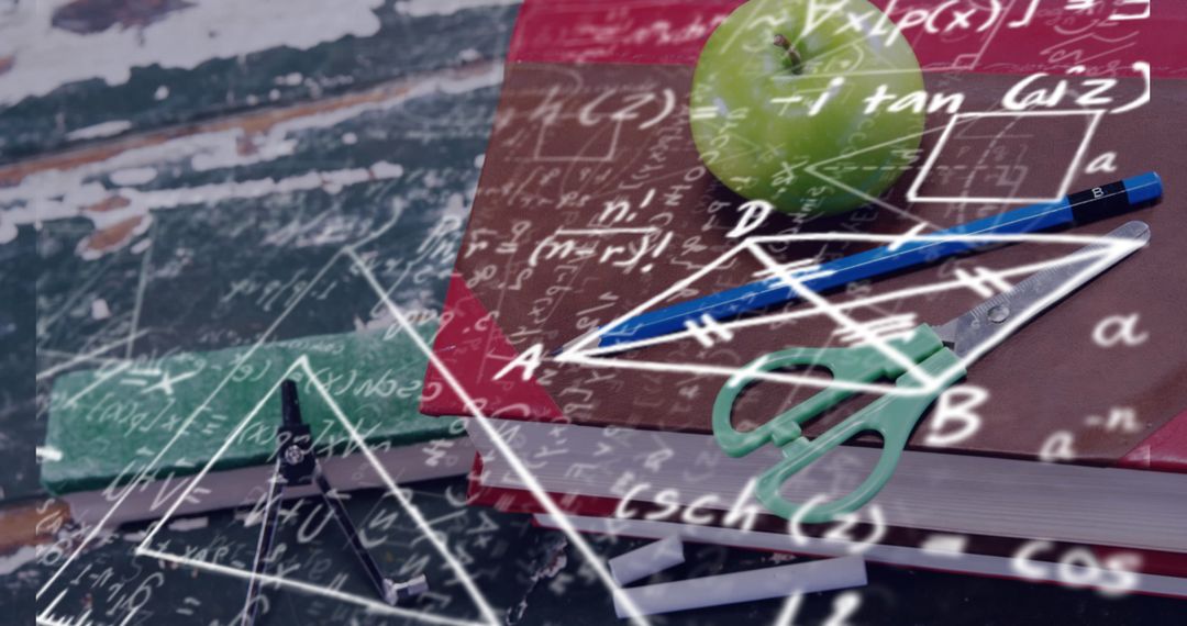 Mathematical Concepts with School Supplies and Green Apple