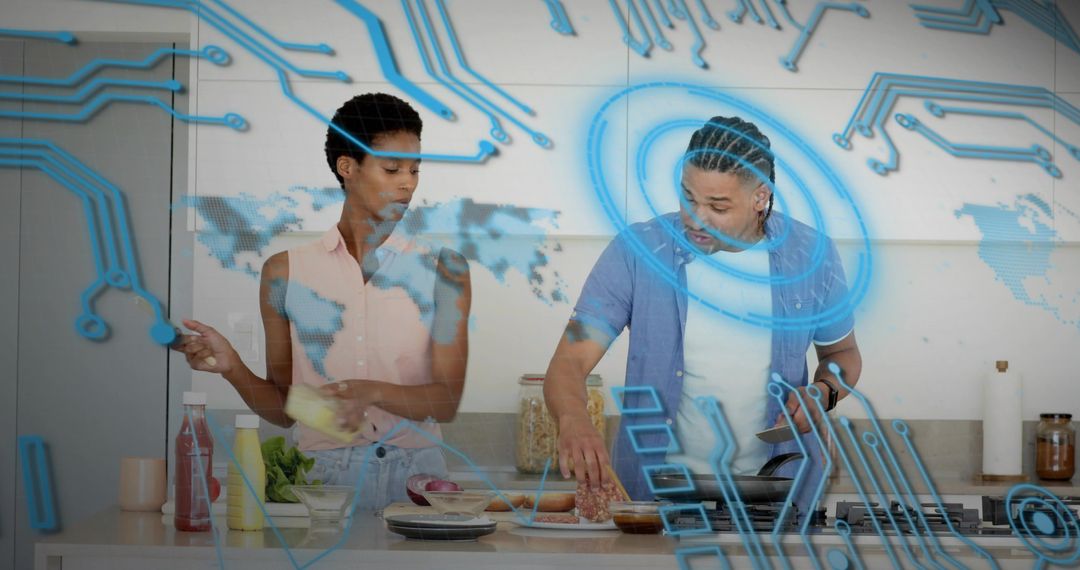 Couple preparing vegetables with augmented reality overlay in modern kitchen