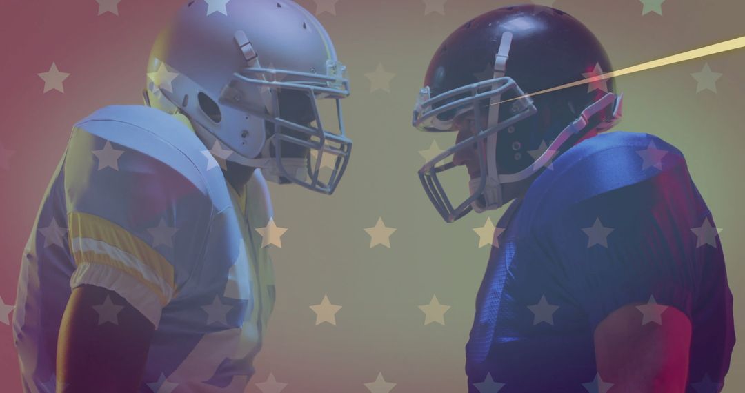 Fortified Standoff Between Intense Football Players with Patriotic Overlay