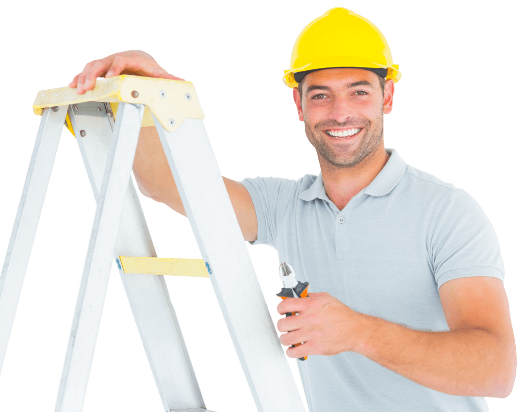 Smiling Repairman with Pliers Climbing Translucent Ladder Background
