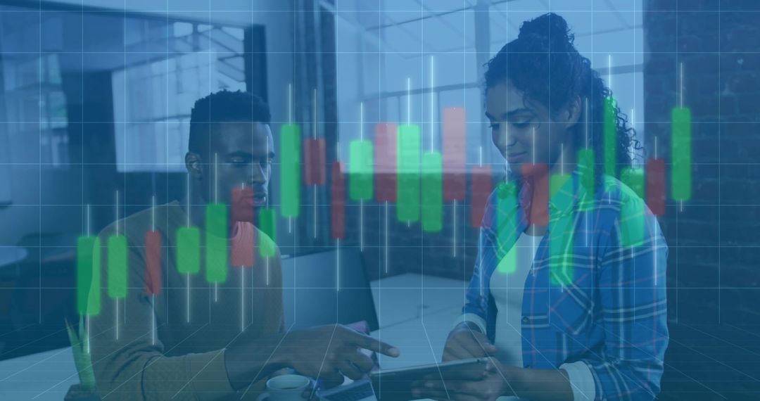 Diverse Team Analyzing Financial Data with Candlestick Chart Overlay