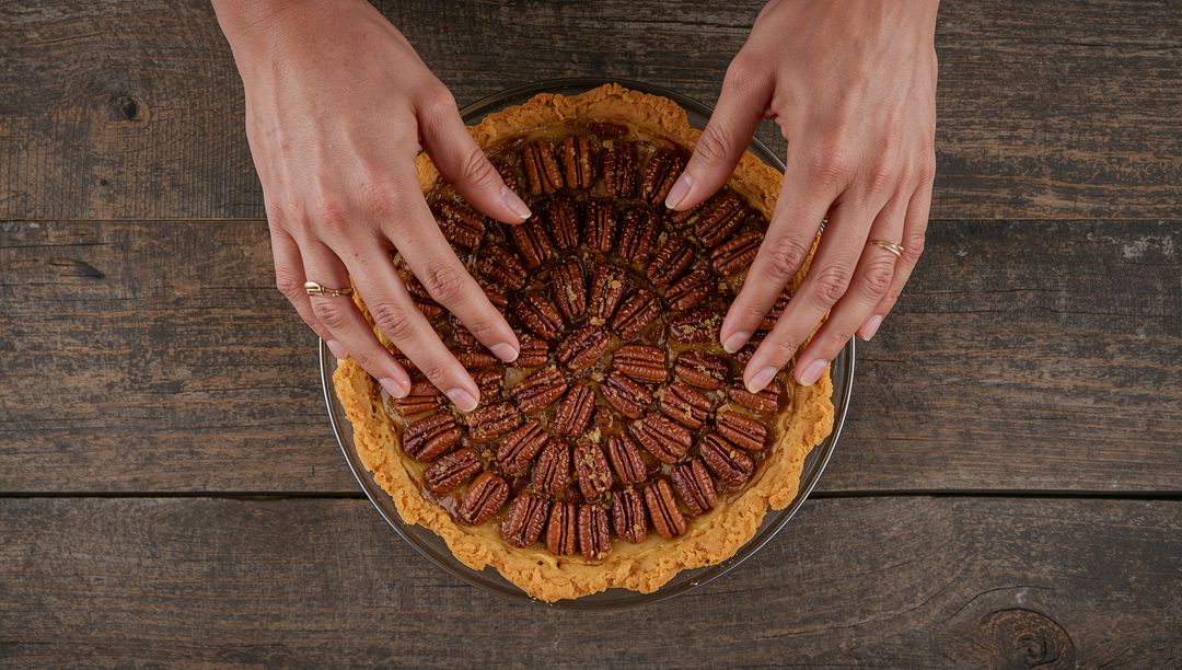 Hands arranging pecan halves on flaky pie crust flatlay over rustic wooden table