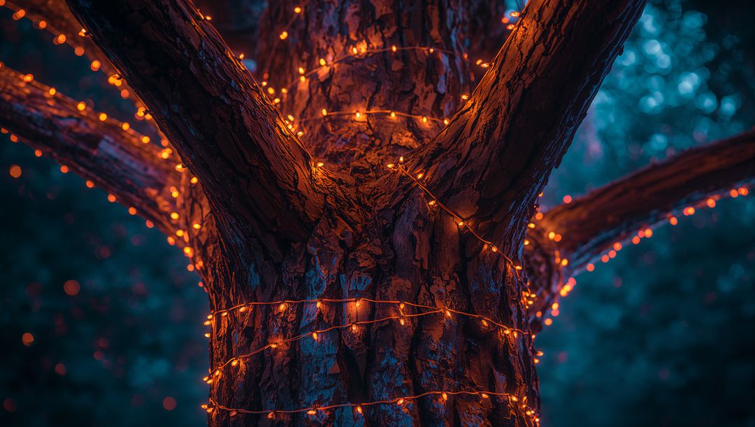 Rugged Tree Trunk Adorned with Spiral Amber Lights at Dusk