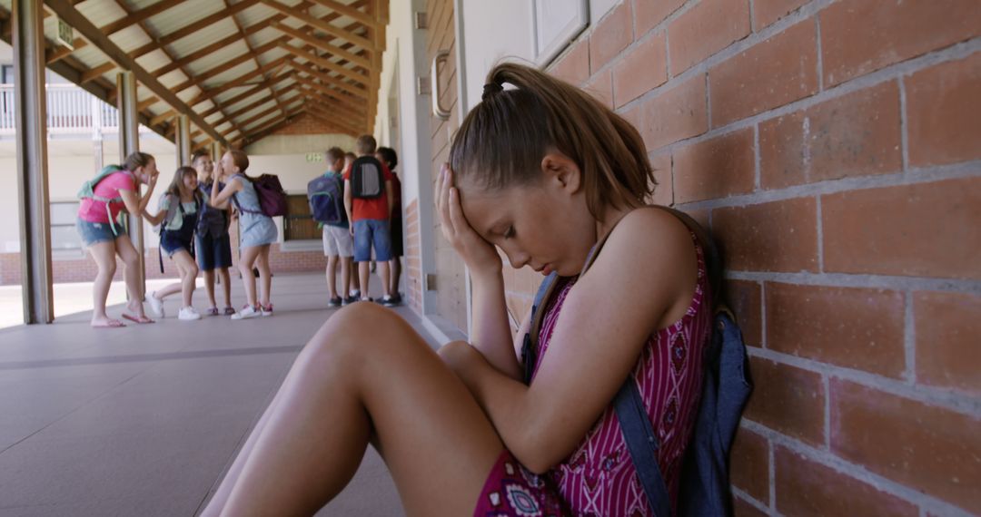 Sad caucasian schoolgirl sitting alone on floor in elementary school corridor, copy space - Free Images, Stock Photos and Pictures on Pikwizard.com