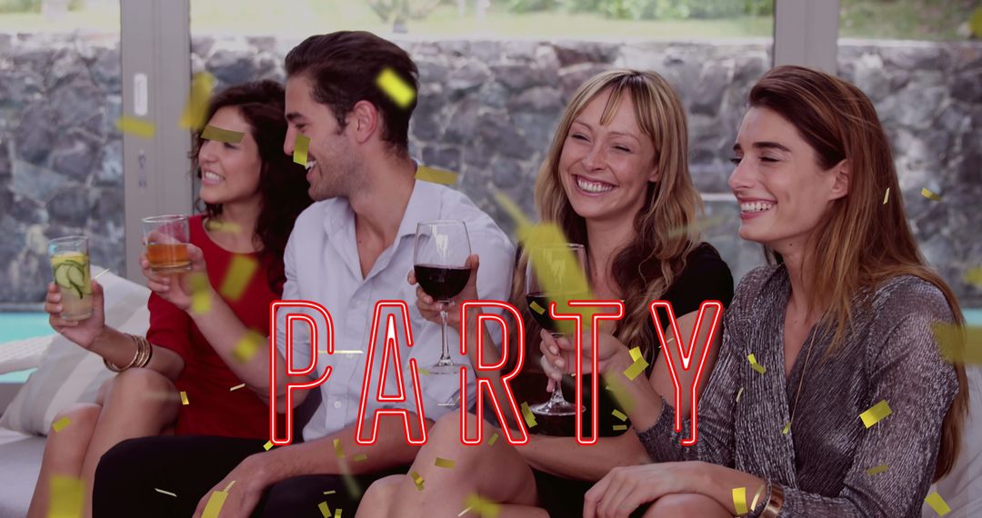 Joyful Friends Celebrating at Home with Drinks and Confetti