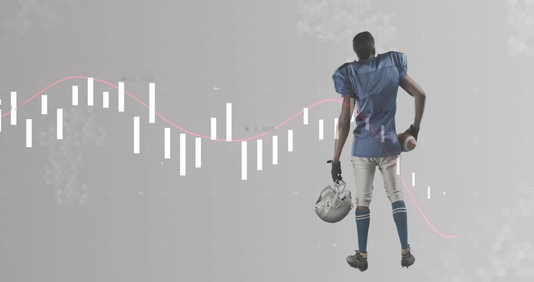Standing American Football Player Holding Helmet and Ball with Data Visualization