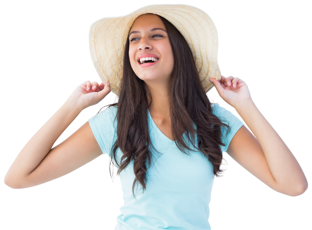 Joyful Brunette Woman Wearing Straw Sunhat Transparent Background - Download Free Stock Images Pikwizard.com