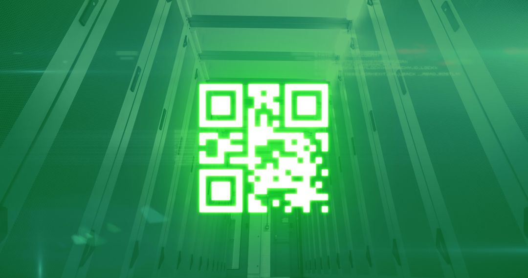 Glowing Green QR Code with Futuristic Server Room Background