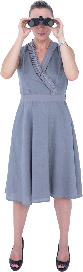 Transparent Businesswoman Looking Through Binoculars Isolated