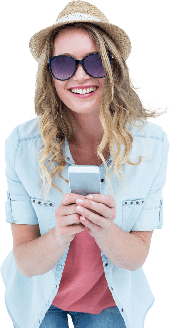 Stylish Woman Smiling, Texting on Smartphone, Wearing Hat and Sunglasses, Transparent