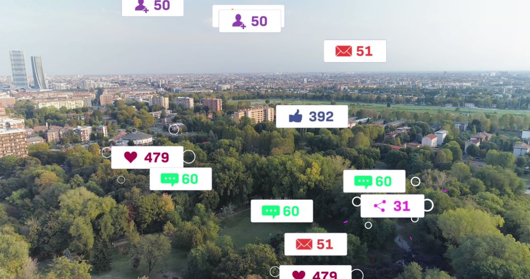 Social Media Engagement Icons Over City Landscape - Free Images, Stock Photos and Pictures on Pikwizard.com