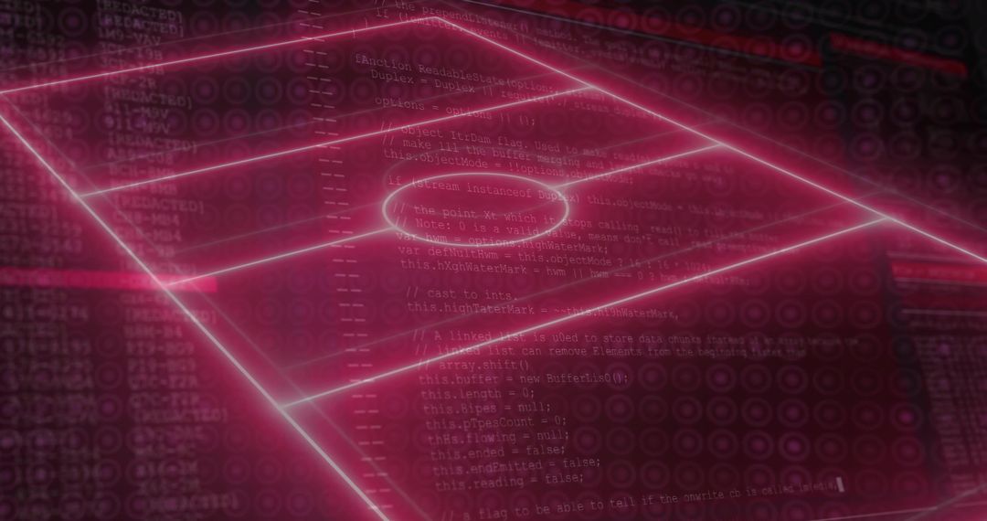 Projecting neon magenta holographic pitch grid with code overlay and cybernetic glow