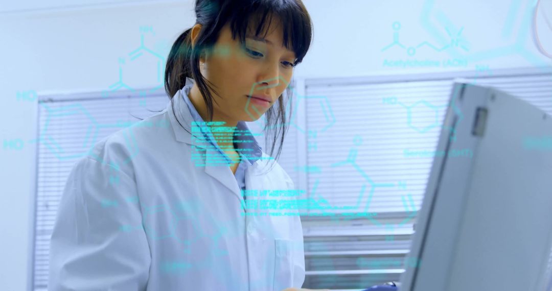 Asian Female Scientist Analyzing Data on Tablet with Chemical Formulas