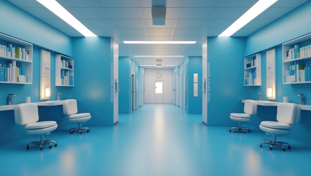 Modern mental institution corridor with professional workspace, concept scene