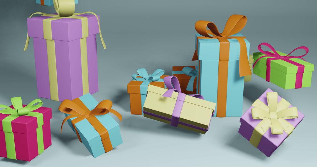 Colorful Gift Boxes with Satin Ribbons on Soft Surface Background