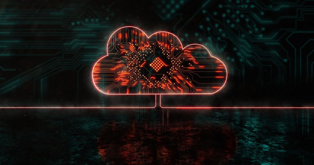 Glowing Cloud Icon over Processor with Digital Interface Aesthetic