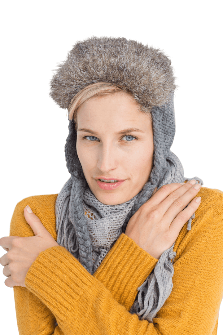 Portrait of Woman in Winter Clothes Feeling Cold on Transparent Background