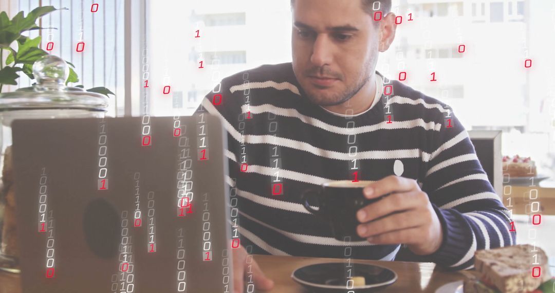 Concentrated Worker in Coffee Shop with Binary Codes, Technology Concept