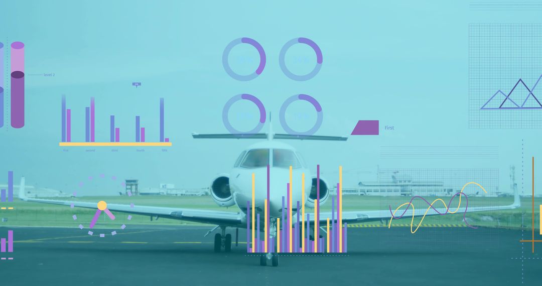 Private jet resting on apron with futuristic flight analytics overlaying runway and taxiway