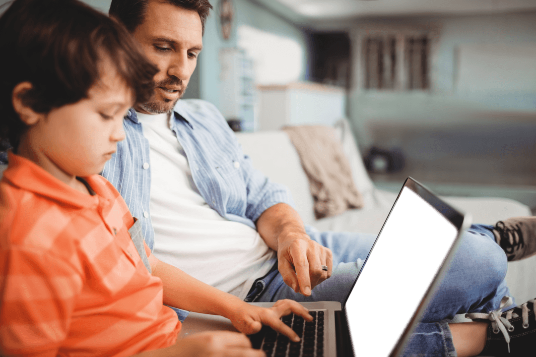 Transparent Technology Learning at Home Father and Son Using Laptop