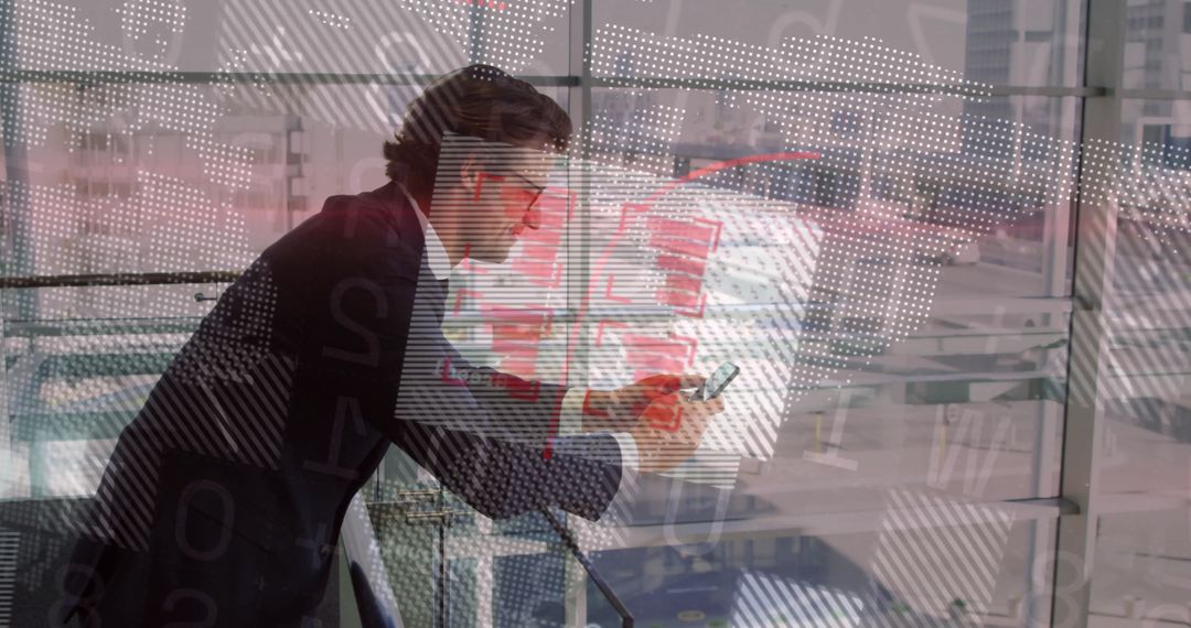 Businessman Utilizing Technology at Airport with Data Projections