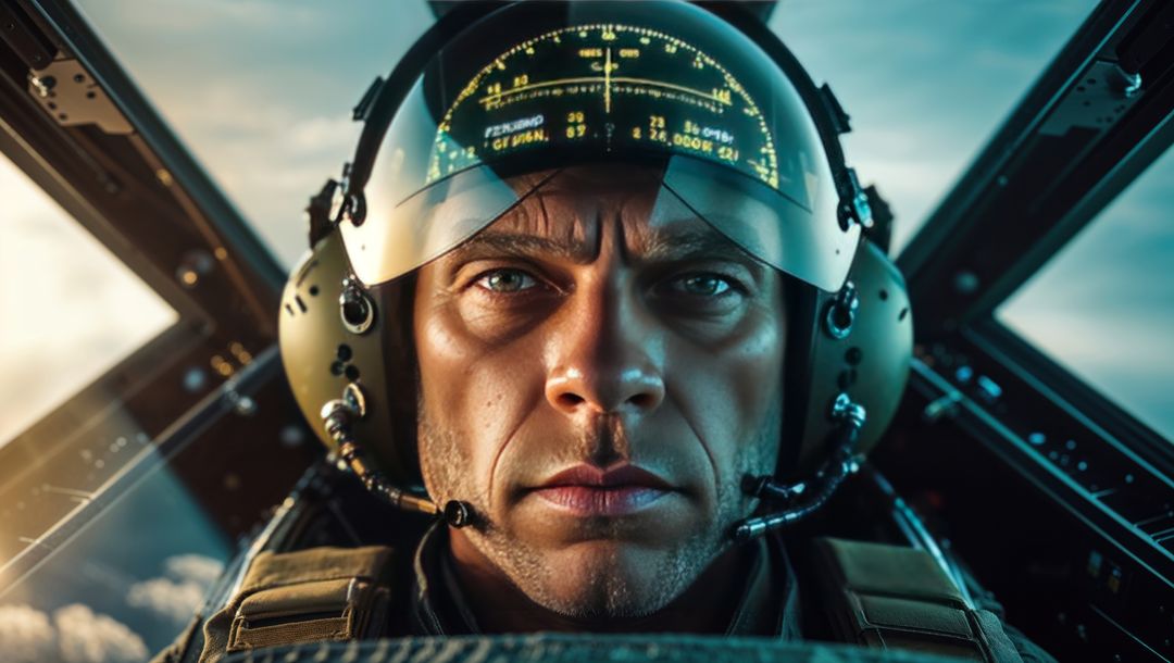 Pilot in f16 jet cockpit with advanced hud technology