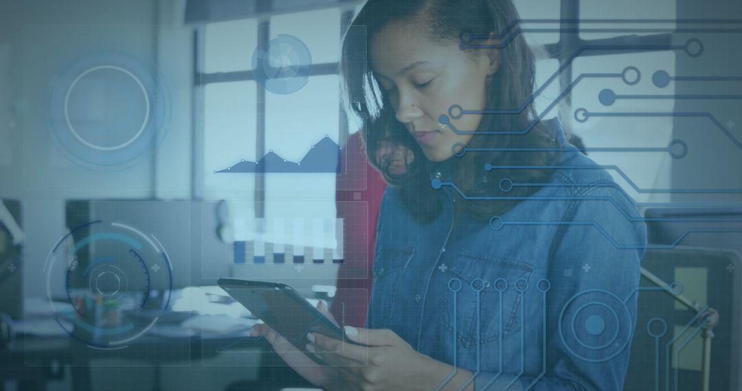 Businesswoman Using Digital Tablet with Abstract Graph and Circuit Overlay