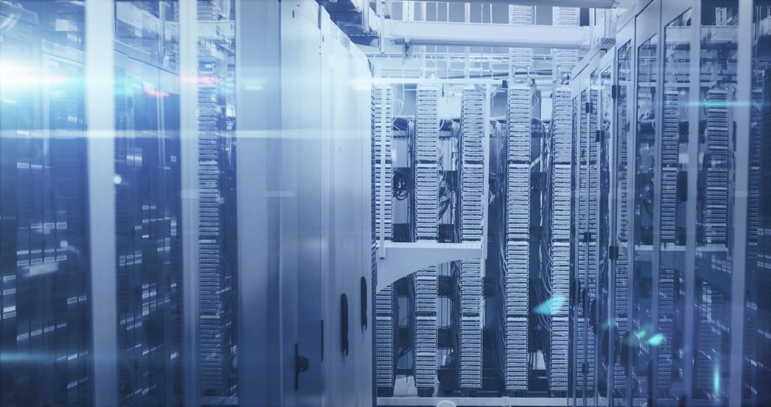 Futuristic Computer Server Room with Data Overlay