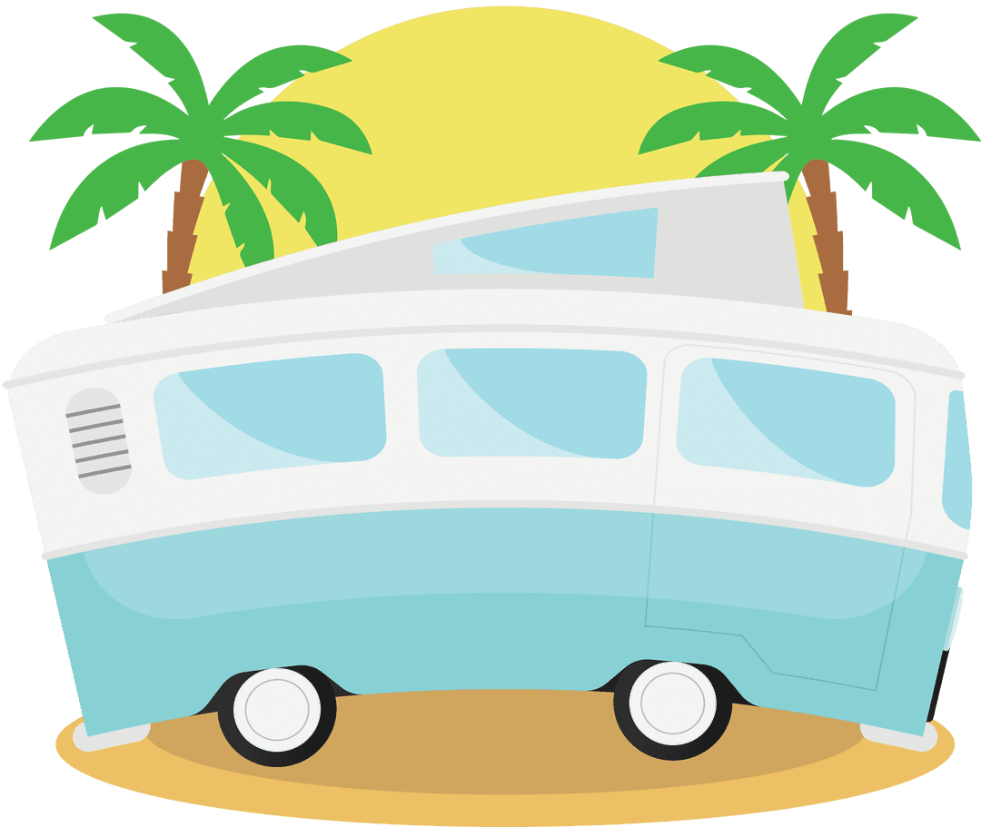 Retro Camper with Palm Trees and Sun on Transparent Background