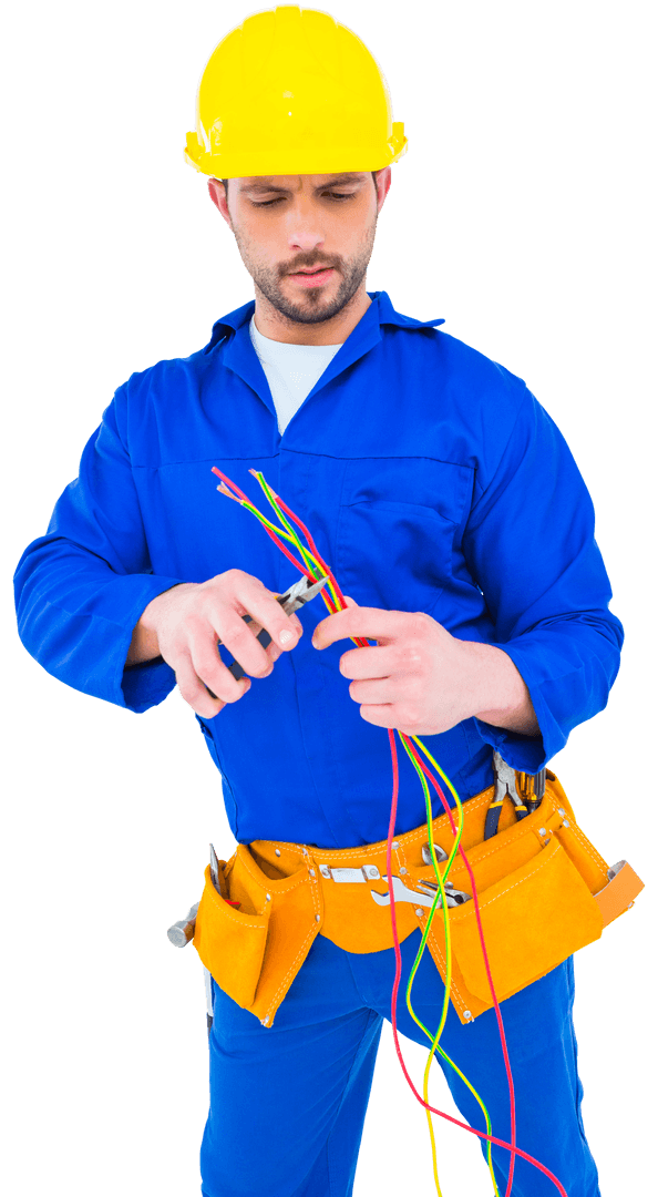 Electrician in Blue Uniform Cutting Colored Wires Transparent Background