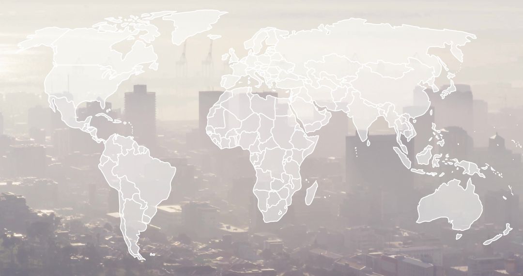 Transparent World Map Overlaying Urban Cityscape with Hazy Sky