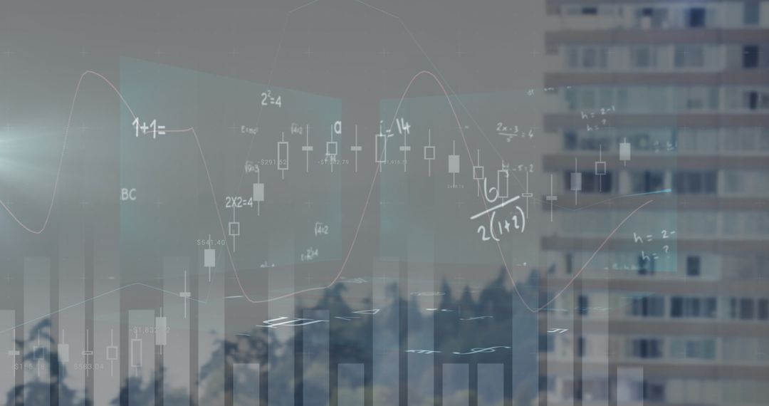 Financial Analytics with Math Equations Overlaid on Cityscape