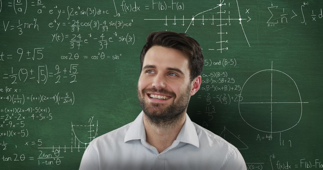 Smiling Man Contemplates Mathematical Graphs on Chalkboard