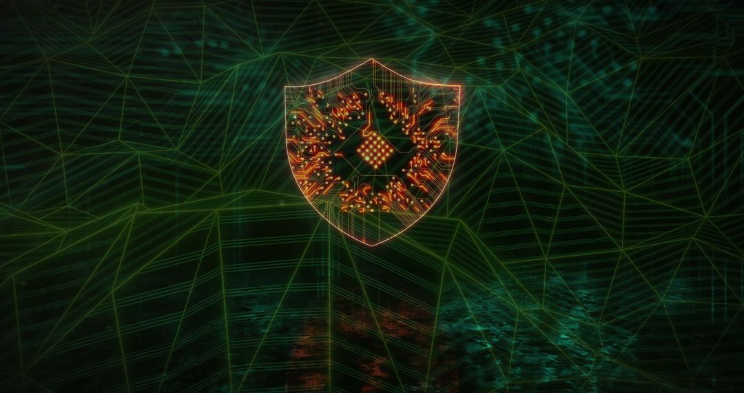 Futuristic Digital Shield with Microchip Circuitry in Neon Wireframe