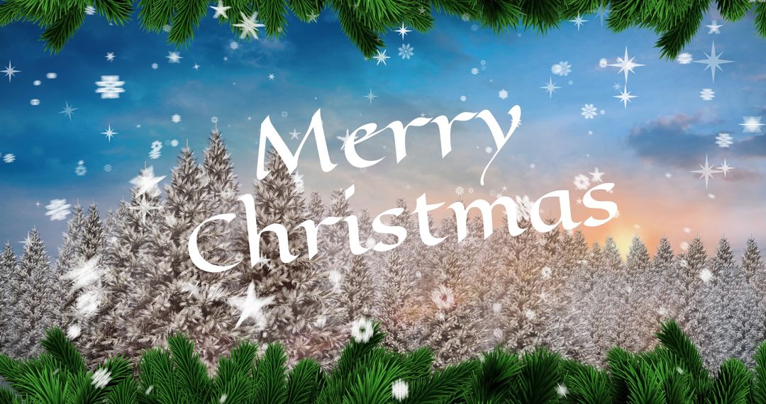 Merry Christmas Text with Snowy Forest Background